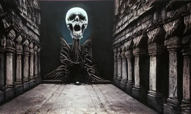 Image similar to a outside temple full of dark evil idol, landscape photograph taken by giger and beksinski and chaos and midnight sun and death fog and nightmare megacity