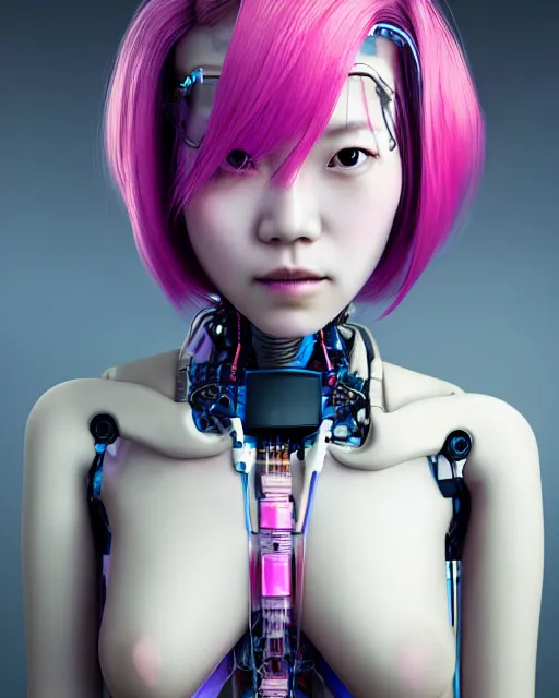 Prompt: portrait of a beautiful japanese woman with pink hair as a cyberpunk cyborg half robot, revealing wires and electronics, hooked - up, sci - fi, missing panels, intricate abstract upper body intricate artwork, concept art, octane render, deviantart, cinematic, key art, hyperrealism, iridescent accents, portrait photograph, nikon 3 5 mm, photograph by greg rutkowski