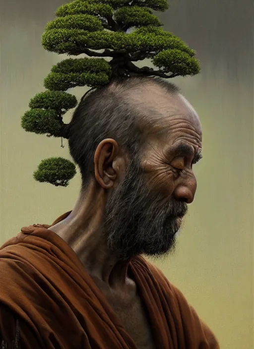 Prompt: monk with a bonsai growing out of his head, intricate, rim light, extremly detailed oil painting, by tomasz alen kopera, cgsociety and fenghua zhong, highly detailed, art, cinematic lighting, very coherent, hyper realism, high detail, 8 k