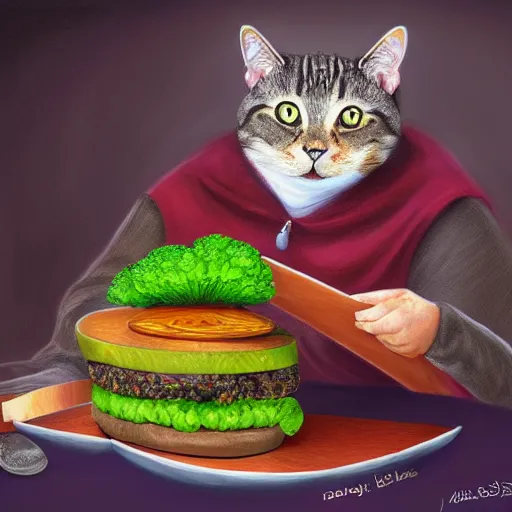 Prompt: a cat man eats a multilayer vegetarian broccoli burger, highly detailed, digital painting, sharp focus, fantasy art