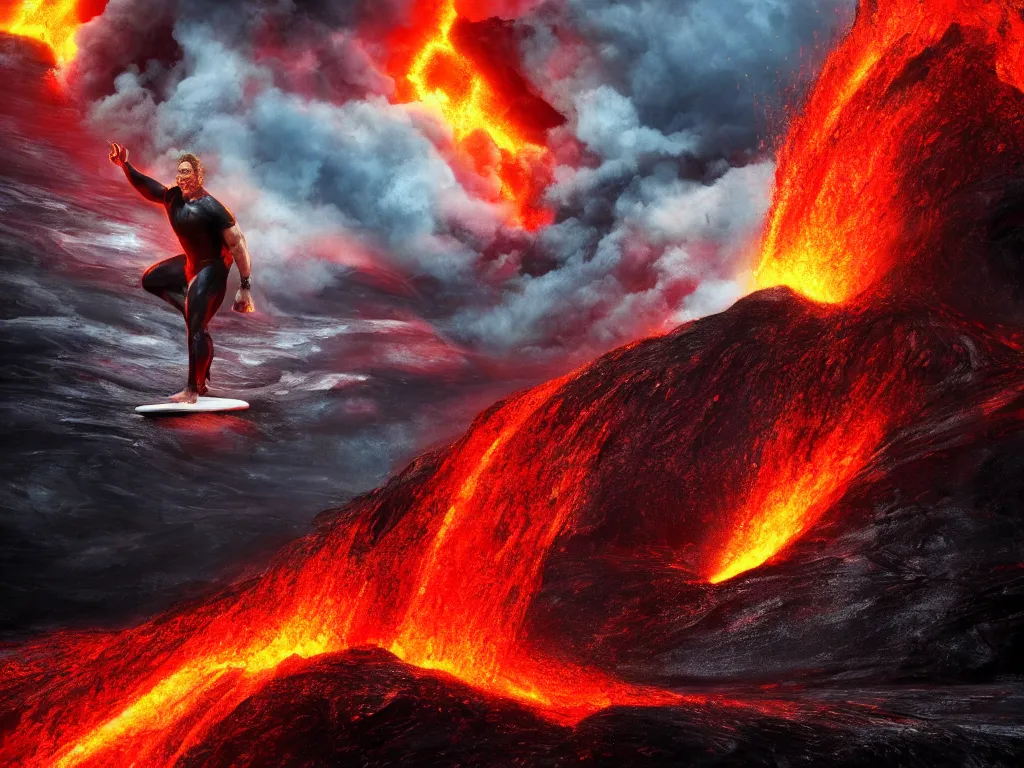 Image similar to portrait of a arnold schwarzenegger surfing inside erupting volcano, lava splashes, stunning scene, 8 k, extremely detailed digital painting, depth, bright colors, trending on artstation