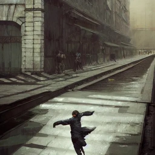 Image similar to a highly detailed epic cinematic concept art CG render digital painting artwork inspired by Henri Cartier-Bresson's Behind the Gare Saint-Lazare, man jumping over a puddle of water. By Greg Rutkowski, Ilya Kuvshinov, WLOP, Stanley Artgerm Lau, Ruan Jia and Fenghua Zhong, trending on ArtStation, made in Maya, Blender and Photoshop, octane render, excellent composition, cinematic atmosphere, dynamic dramatic cinematic lighting, aesthetic, very inspirational, arthouse