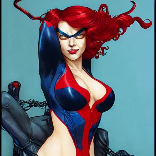 Prompt: catwoman in the style of spiderman, spiderman patterns, red and blue, long red wavy red hair by artgerm and greg rutkowski and alphonse mucha