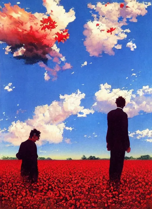 Image similar to two people in a field of red flowers and the world crushing around them, red sky, surreal, vivid colors, painting by Alexander Mandradjiev, part by Yoji Shinkawa, part by Norman Rockwell