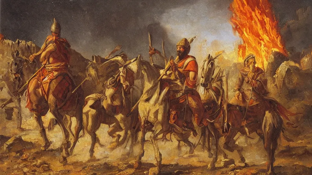 Prompt: nomadic early medieval khan on horseback surrounded by fires and rubble of roman buildings, oil painting, cinematic, late antiquity