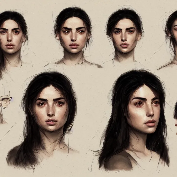 Prompt: ana de armas, face study sheet, concept design, contrast, kim jung gi, greg rutkowski, zabrocki, karlkka, jayison devadas, trending on artstation, 8 k, pincushion lens effect