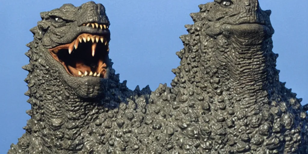 Image similar to clear perfect photo of godzilla with human teeth