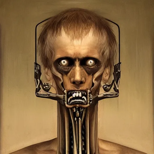 Image similar to surreal portrait of a man by Greg Rutkowski and H.R Giger, symmetrical face, he is about 30 years old, west slav features, short blonde hair with bangs, attractive, smart looking, slim, somewhat androgenic, transformed into a kind of biomechanical transhuman god, disturbing, terrifying but fascinating, with a determined and sinister expression on his face, cosmic void background, frightening, fascinating, highly detailed portrait, digital painting, book cover, artstation, concept art, smooth, sharp foccus ilustration, Artstation HQ