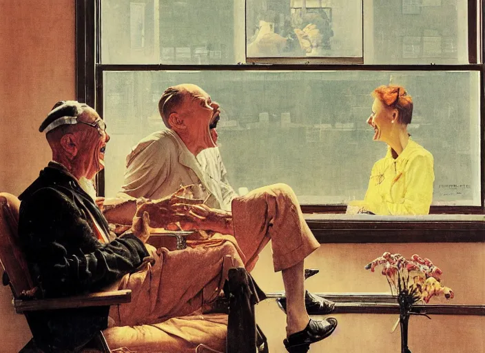 Prompt: a laughing man sitting by the window, a slim woman in the background, norman rockwell