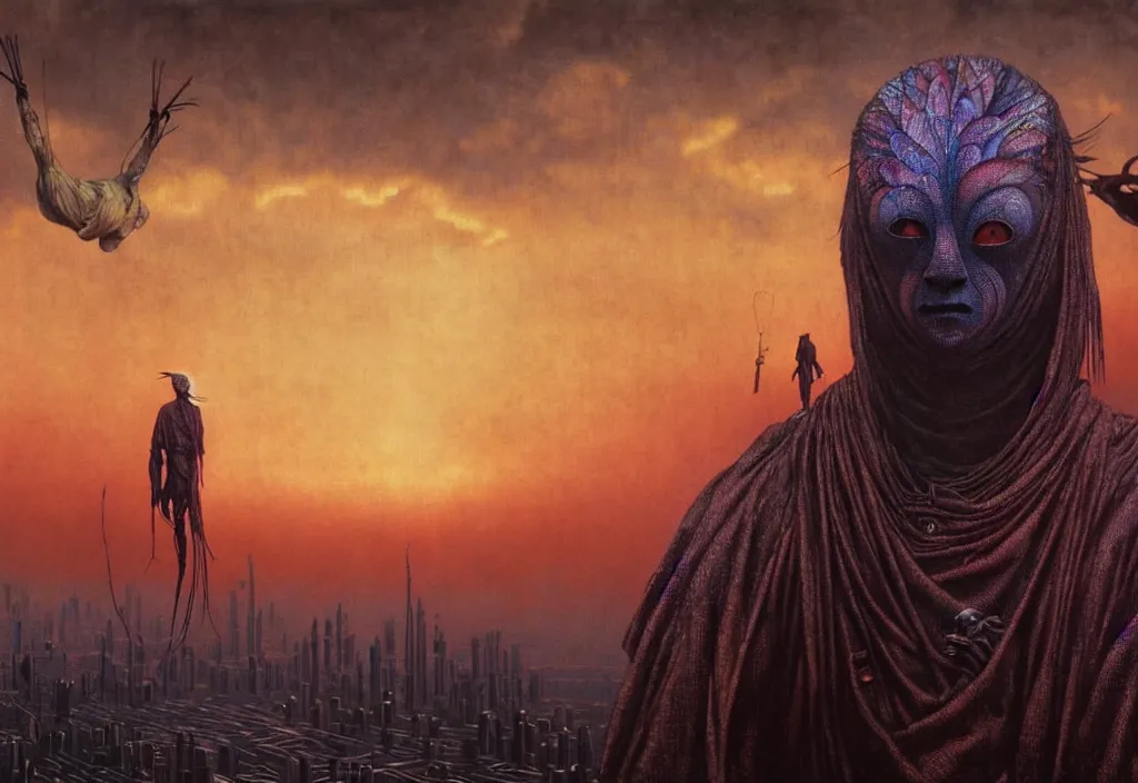 Image similar to realistic detailed portrait movie shot of a birdman wearing dark ragged robes, futuristic city sunset landscape background by denis villeneuve, amano, yves tanguy, alphonse mucha, ernst haeckel, max ernst, roger dean, rich moody colours, cinematic