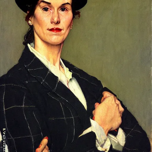 Prompt: Front portrait of a bored woman with a plaid blazer, bangs and a beret. A painting by Norman Rockwell.