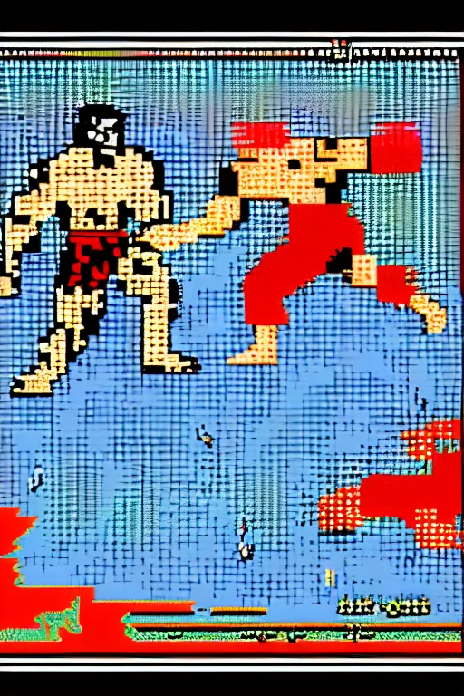 Prompt: extreme long shot. 8 bit nes graphics. hermann nitsch. antropomorphic muscular masculine wolf. kickboxer fighter, in shorts. wolf head. art from nes game cartridge,