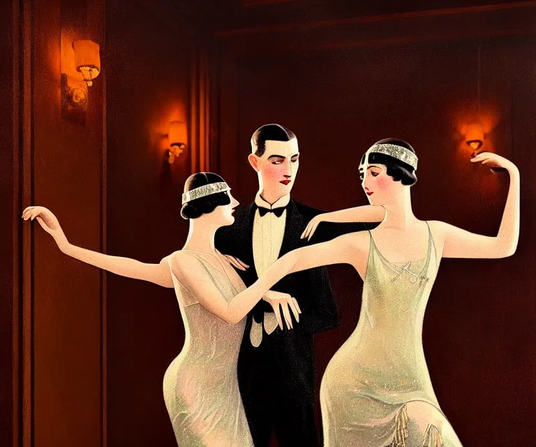 Prompt: a beautiful classy dancing couple, dimly lit upscale 1920s speakeasy, relaxed pose, art deco, detailed painterly digital art style by Alfred Charles Parker, retro vibe, 🍸, 8k octane beautifully detailed render, post-processing, extremely hyperdetailed, intricate, epic composition, grim yet sparkling atmosphere, cinematic lighting + masterpiece, trending on artstation, very detailed, vibrant colors, Art Nouveau, masterpiece