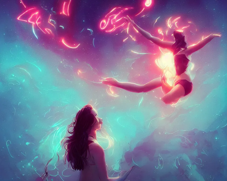 Image similar to beautiful fantastical girl standing in a lake basking in the moonlight, casting a spell, under a multi-colored binary blackhole with an accretion disc, glowing trails following her arms, wearing professional makeup, synthwave, by Lois van Baarle, by Greg Rutkowski, by artgerm, by beeple, by studio ghibli, cinematic angle, volumetric lighting, 4k resolution, octane render, trending on artstation, masterpiece