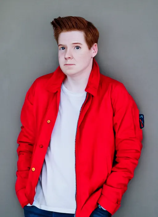 Image similar to portrait photo still of real life philip j fry wearing a red jacket and white shirt, 8 k, 8 5 mm, f. 1 4