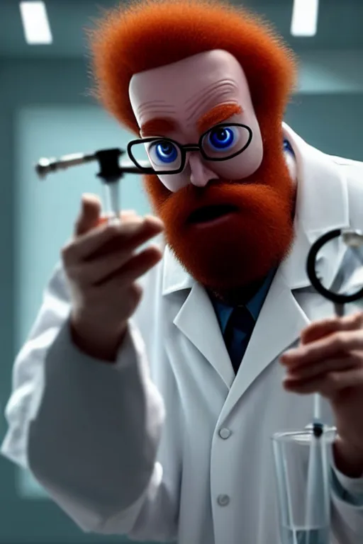 Image similar to an awkwardly tall scientist with 3 eyes and a tangled beard and unruly red hair atop his balding head wearing a labcoat and holding a beaker, high resolution film still, movie by Ivan Reitman