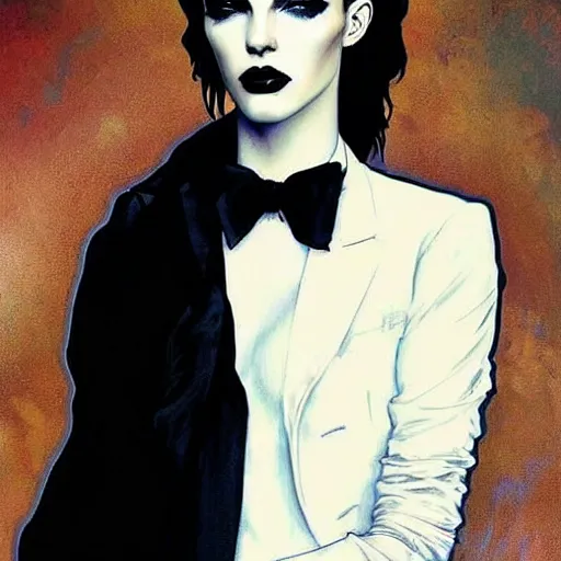 Image similar to beautiful portrait of androgynous ruby rose as desire from sandman in a white tuxedo!!!, rockabilly style, by alphonse mucha, cedric peyravernay, by jeremy mann, by frank moth, white suit and black tie, soft lightning, high detailed, 8 k