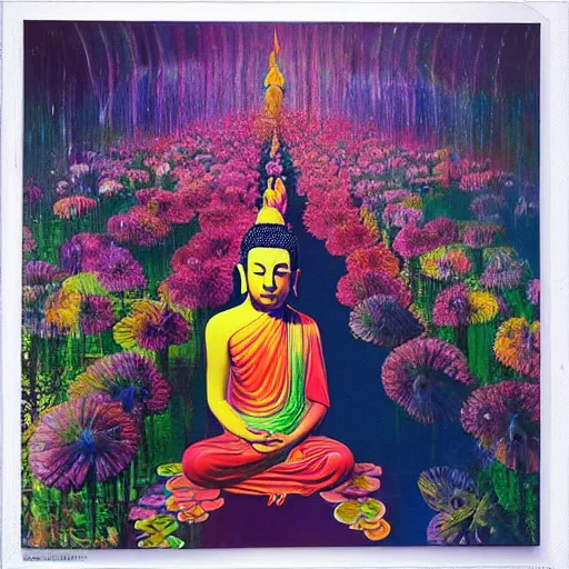 Image similar to “ buddha, at the moment of enlightenment, sitting in a psychedelic field of colorful flowers and water falls, portrait by paul bonner. oil on canvas. ”
