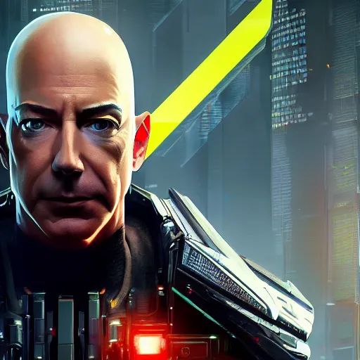 Image similar to front view, imposing, ominous portrait of cyborg Jeff Bezos as a cyberpunk 2077 loading screen, symmetry, front view, intricate, studio, art by anthony macbain + greg rutkowski + alphonse mucha, concept art, 4k, sharp focus