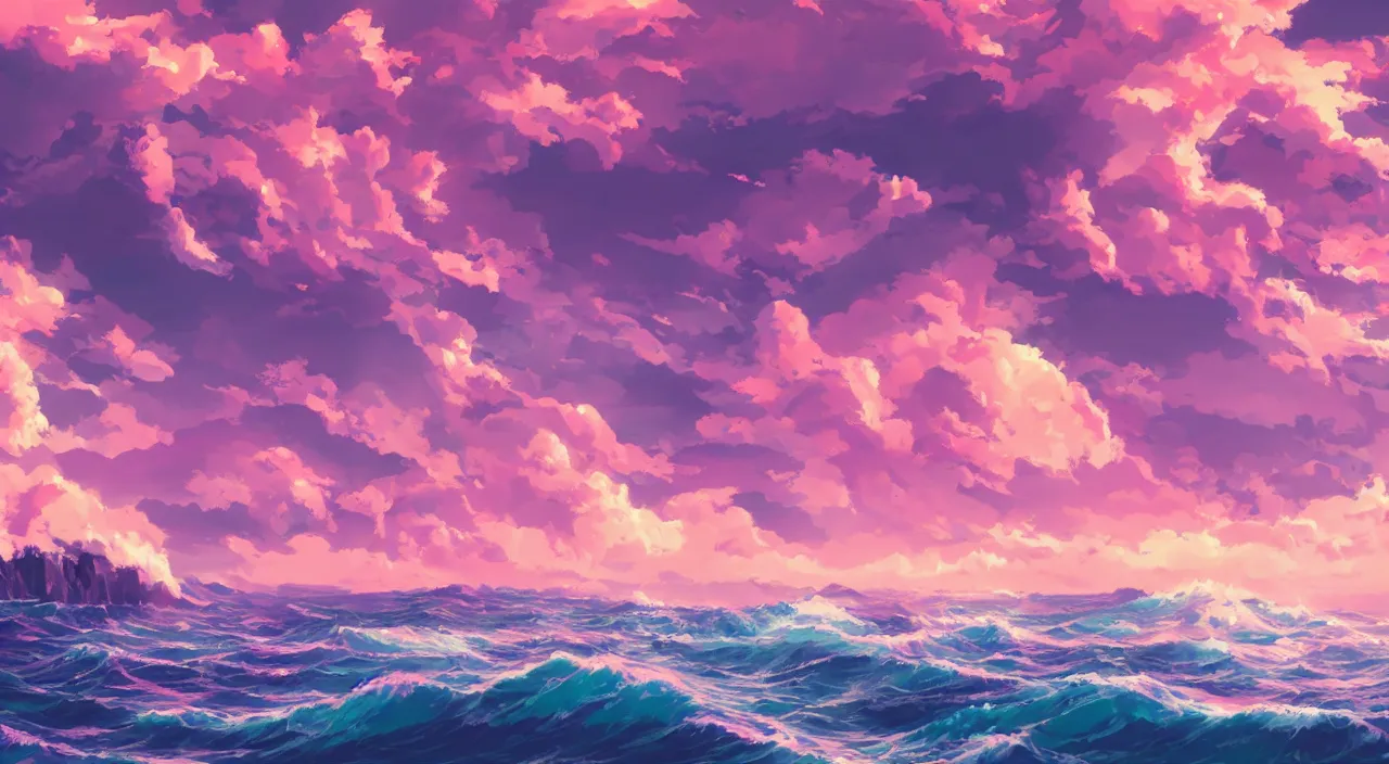 Prompt: anime landscape wallpaper, rough waves, ocean cliff side, pink multicolor clouds