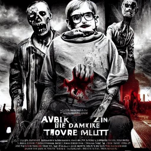 Image similar to a zombie movie where all the zombies are stephen hawking, horror imax cinematic dark night fog