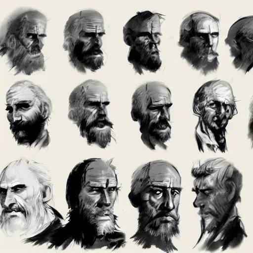 Image similar to faces reference sheet of various old - man by ashley wood and j. m. w. turner, speed painting, matte painting, monochrome