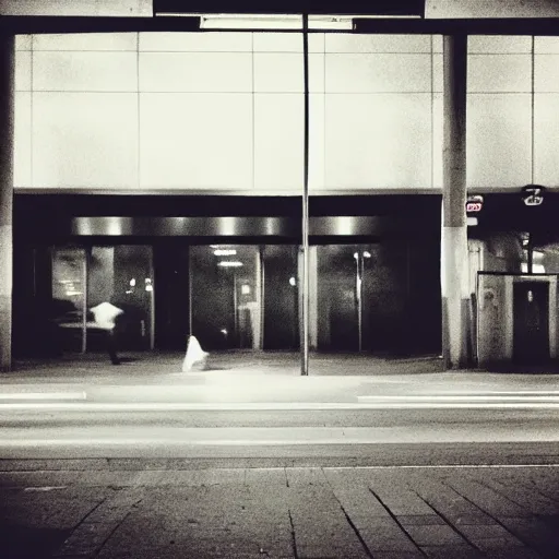 Prompt: “a ghostly figure, next to a bus station, night time”