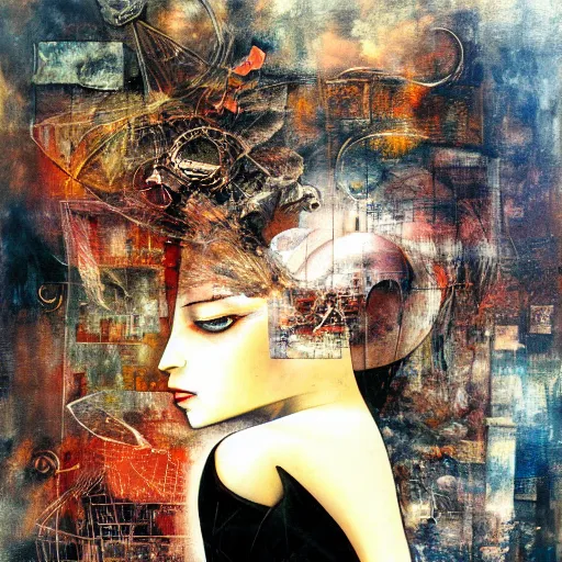 Prompt: she dreams a past she hasn't lived, she holds the key to the gate to reality outside this virtual world, oil on canvas by dave mckean and yoshitaka amano
