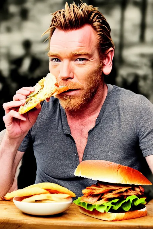 Image similar to A cinematic photo of Ewan McGregor eating sandwich