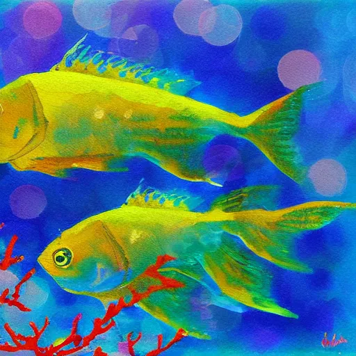 Prompt: fish, coral, impressionism painting