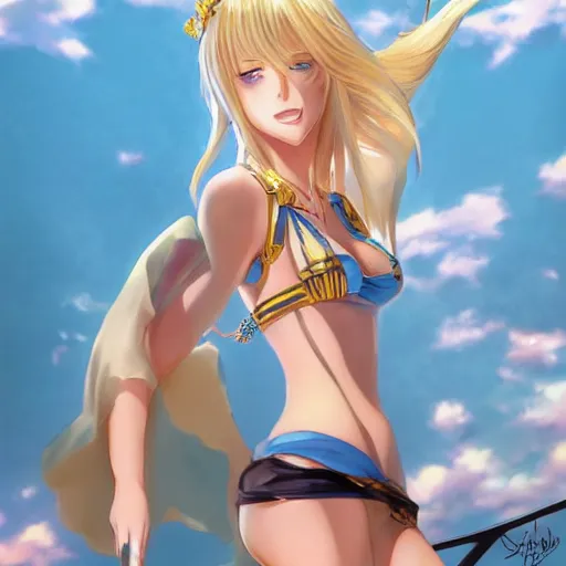 Image similar to full body shot : a very beautiful young blond tennis anime girl, sky blue eyes, golden chains, tattoo, bikini, miniskirt, highly detailed, cinematic wallpaper by stanley artgerm lau