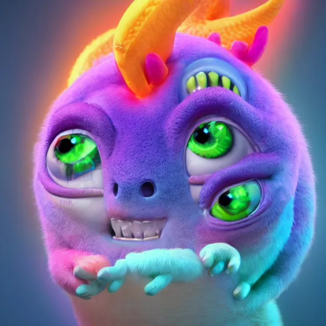 Prompt: a cute baby dragon, big eyes, pixar animation style, soft fur, by jeff koons, by lisa frank, octane render, by takashi murakami, toy, colorful, spectral color, 5 d, ultra - hd, happy, good, mini, volumetric lighting