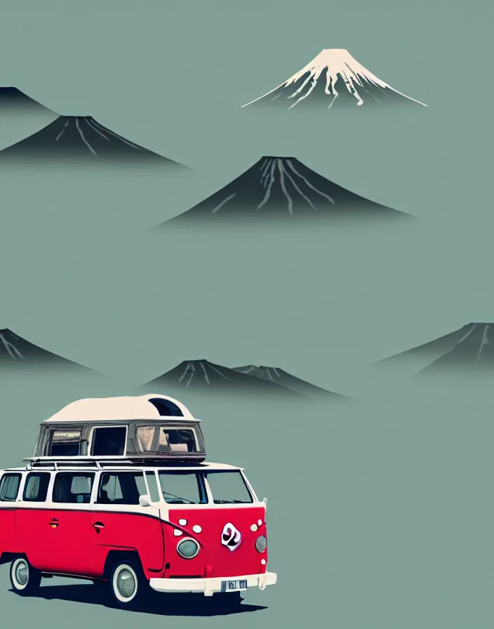 Image similar to vw camper touring rural japan, a collage painting, in the style of wes anderson, lola dupre, david hockney, isolated on negative white space background dark monochrome fluorescent spraypaint accents volumetric octane render, no double figure