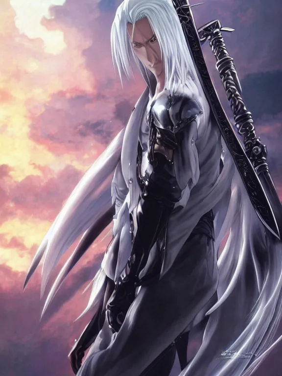 Image similar to anime key visual of sephiroth from final fantasy!! intricate, futuristic city, stunning, highly detailed, digital painting, artstation, smooth, hard focus, illustration, art by artgerm and greg rutkowski and alphonse mucha
