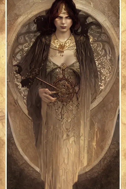 Image similar to tarot card, high priestess, intricate, elegant, highly detailed, concept art, sharp focus, beautiful face!!, digital art, smooth defined outlines!!, by Bastien Deharme, Brom, trending on Artstation, Alphonse Mucha