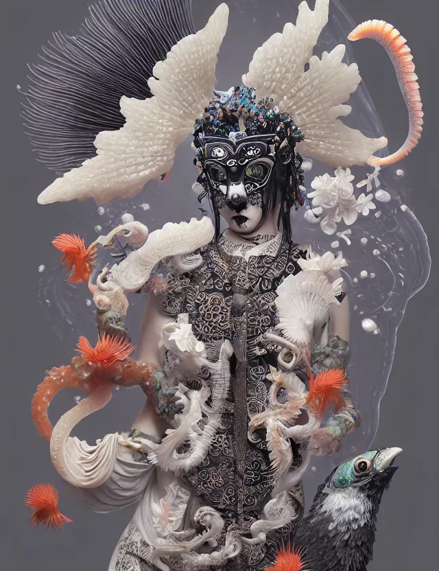 Image similar to 3 d goddess bottom - up with ram skull. beautiful intricately detailed japanese crow kitsune mask and clasical japanese kimono. betta fish, jellyfish phoenix, bio luminescent, plasma, ice, water, wind, creature, artwork by tooth wu and wlop and beeple and greg rutkowski