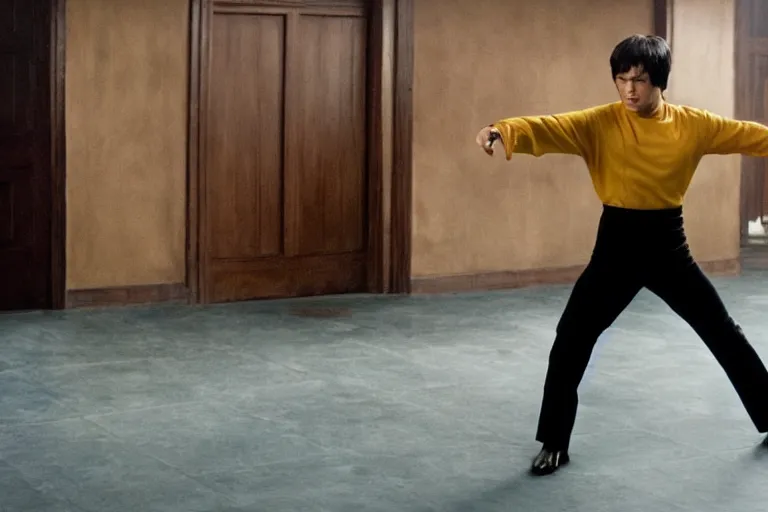 Prompt: Leonardo DiCaprio as Bruce Lee in 'Once Upon a Time... In Hollywood 2: The First Part' (2022), movie still frame, promotional image, imax 70 mm footage, oscar nominated cinematography, volumetric lighting, 8k resolution