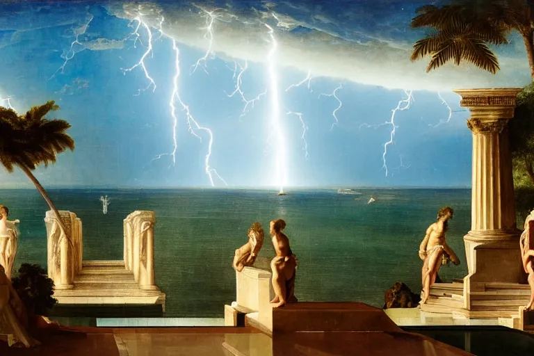 Image similar to mediterranean balustrade and palace columns, refracted lightnings on the ocean, thunderstorm, fountain, greek pool, beach and Tropical vegetation on the background major arcana sky and occult symbols, by paul delaroche, hyperrealistic 4k uhd, award-winning, very detailed paradise