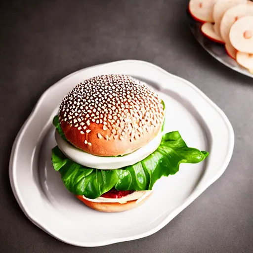 Prompt: clear crystal glass ( hamburger sandwich ) hybrid. dramatic food photography.