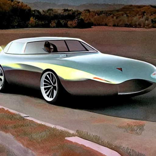 Image similar to retrofuturistic tesla model 3, 1 9 6 0 s sports car concept art