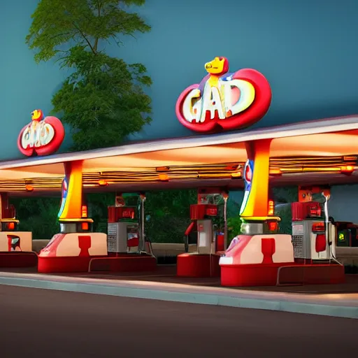 Prompt: disney - gas - station, mickey - mouse - ears - shape - everywhere, daylight, high - detail, photorealistic, octane - render, artstation, 4 k,