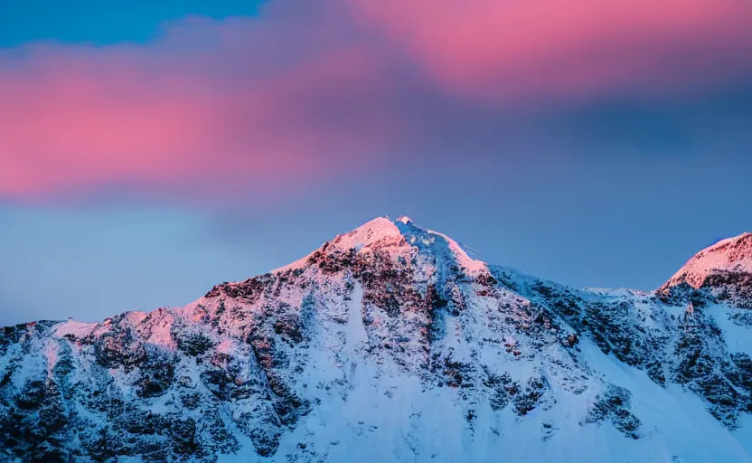 Image similar to professional photo of a snow topped mountain lit by the sunset