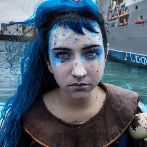 Image similar to close up headshot of a dnd Triton girl with blue skin and messy black hair sitting on the deck of a ship and holding an apple, a little blue-skinned girl with messy black hair sharp pointed ears freckles along the ridges of her cheeks, dnd triton, high resolution film still, 4k, HDR colors