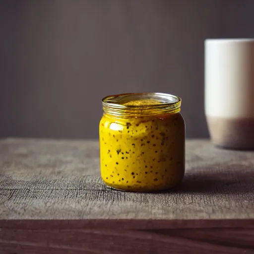 Prompt: A jar of mustard on the table, Sigma 24mm f/8, 1966,