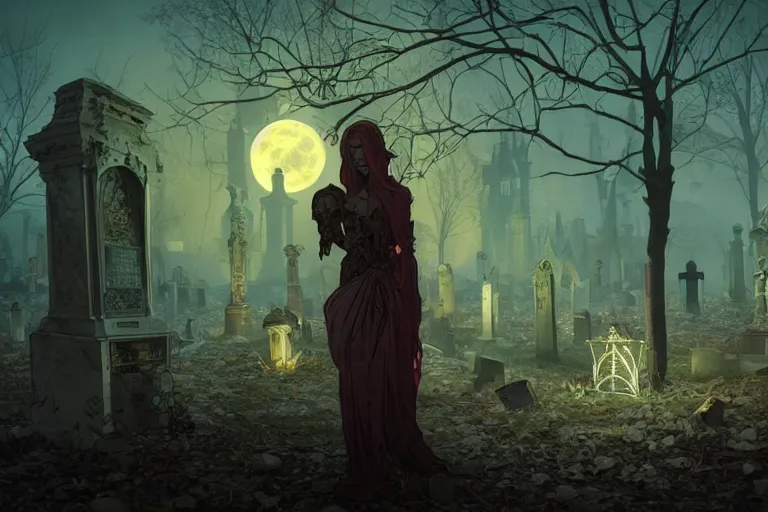 Image similar to an ultra detailed animation of a glowing ghoul in a graveyard at midnight on halloween, digital art, dark fantasy, concept art, soulslike, by alphonse mucha, blood moon eclipse, ruined building in the background, artstation, 8 k, unreal engine render