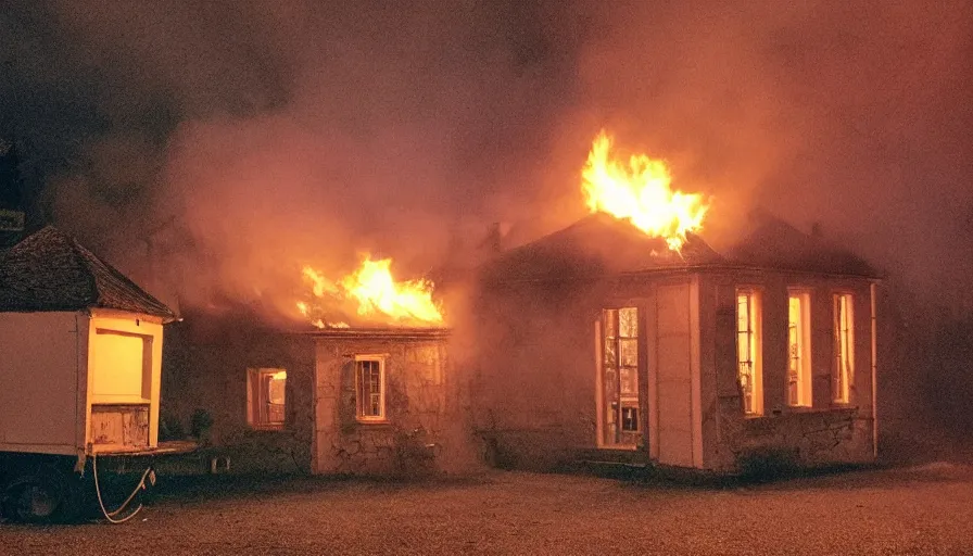 Prompt: 1 9 7 0 s movie still of a heavy burning french style little house by night in autumn, in a small northern french village, sony mini dv camera, heavy grain, high quality, high detail, dramatic light, anamorphic, flares