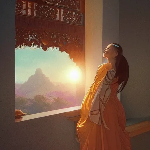 Image similar to Filipino woman with a short hair looking out the window to a beautiful sunset, intricate, highly detailed, digital painting, artstation, concept art, smooth, sharp focus, illustration, Unreal Engine 5, 8K, art by artgerm and greg rutkowski and alphonse mucha