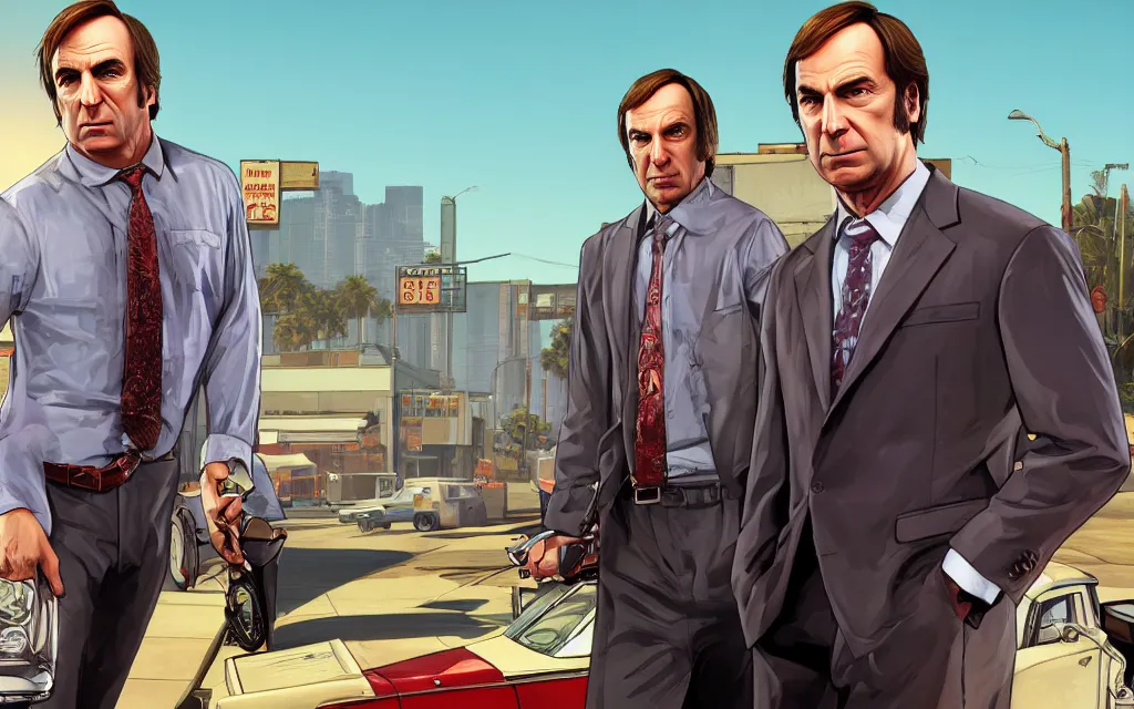 Image similar to Saul Goodman in GTA V, Cover art by Stephen Bliss, boxart, loading screen,