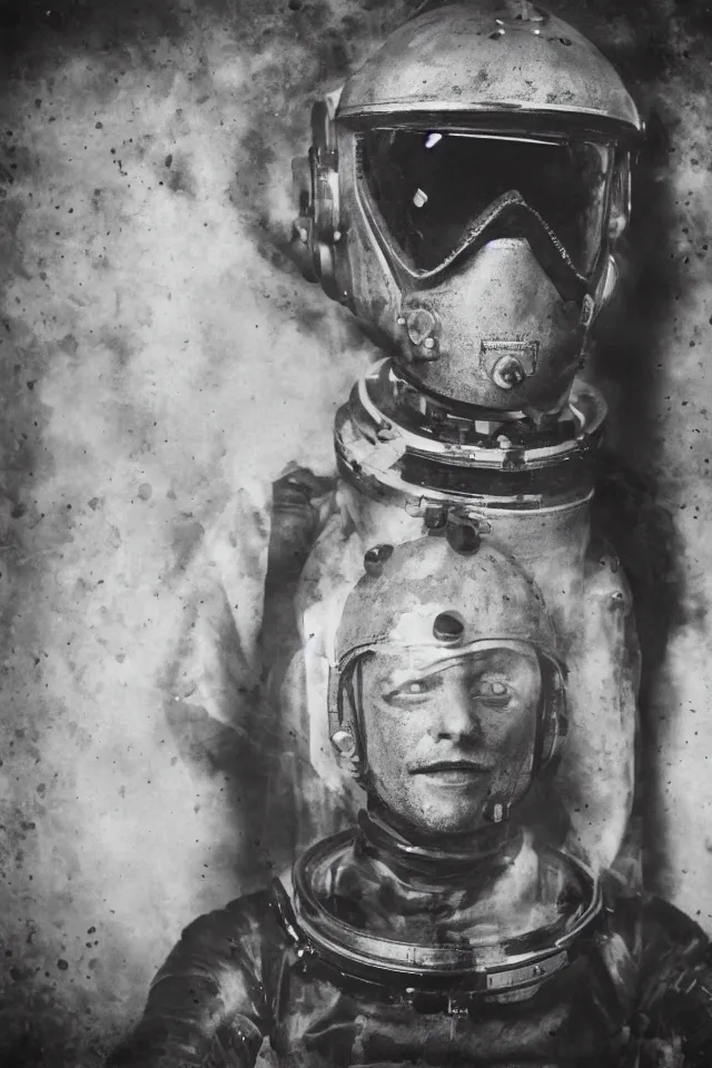 Prompt: wet plate photograph portrait of astronaut in victorian era boiler room, coal inferno