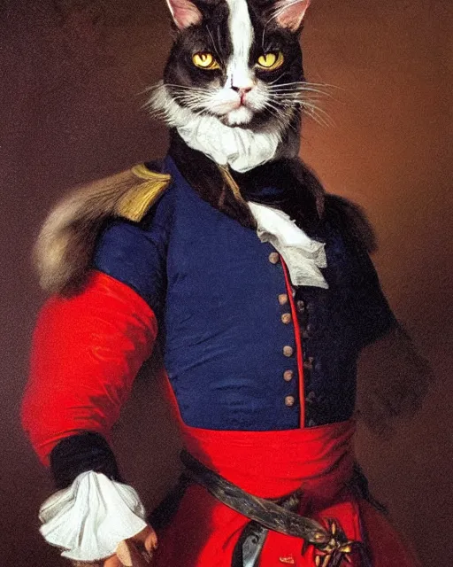 Image similar to portrait of cute dark brown cat with serious expression wearing 1 8 th century royal guard uniform in navy blue and red, joseph ducreux, greg rutkowski, regal, royal, princely, painting